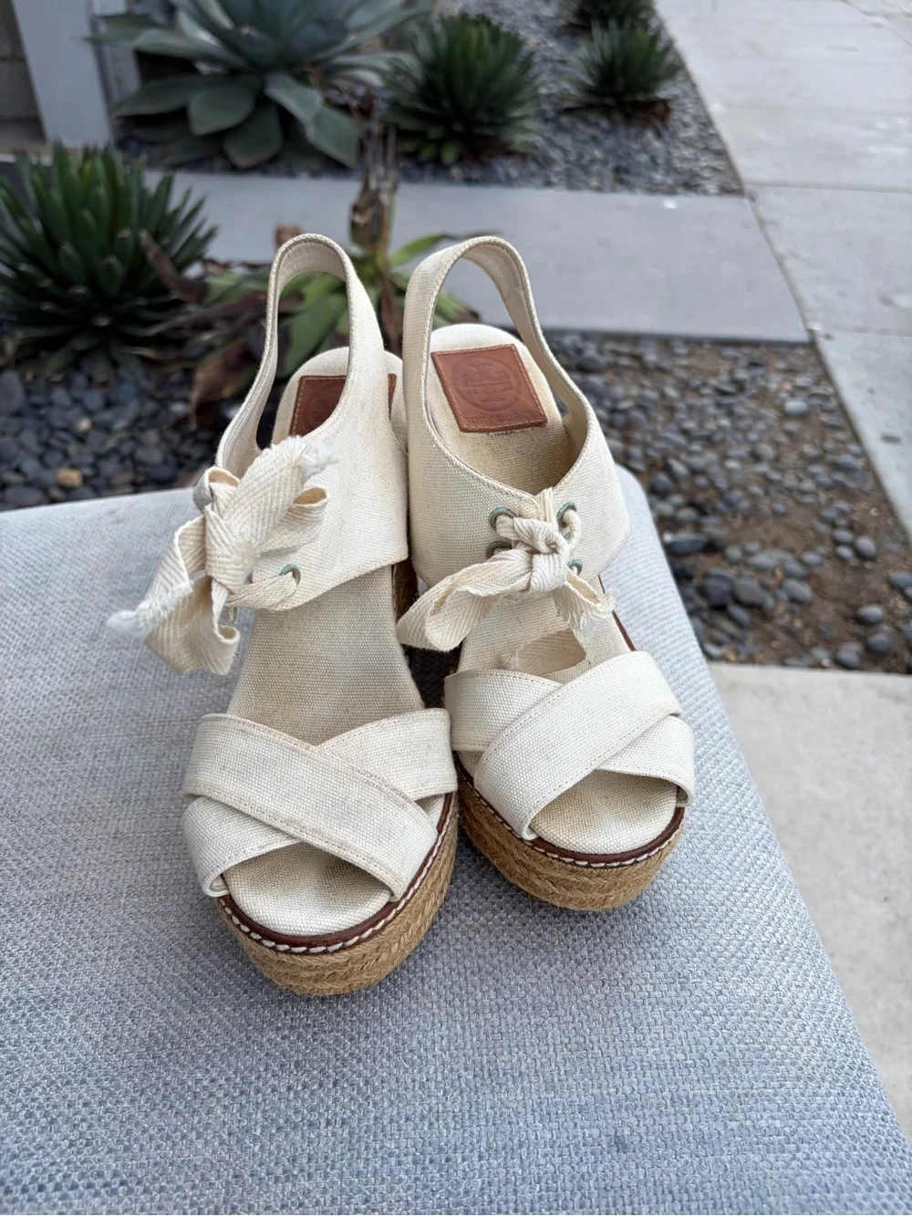 Tory Burch Cream Canvas Espadrille Wedge Sandals Size 8